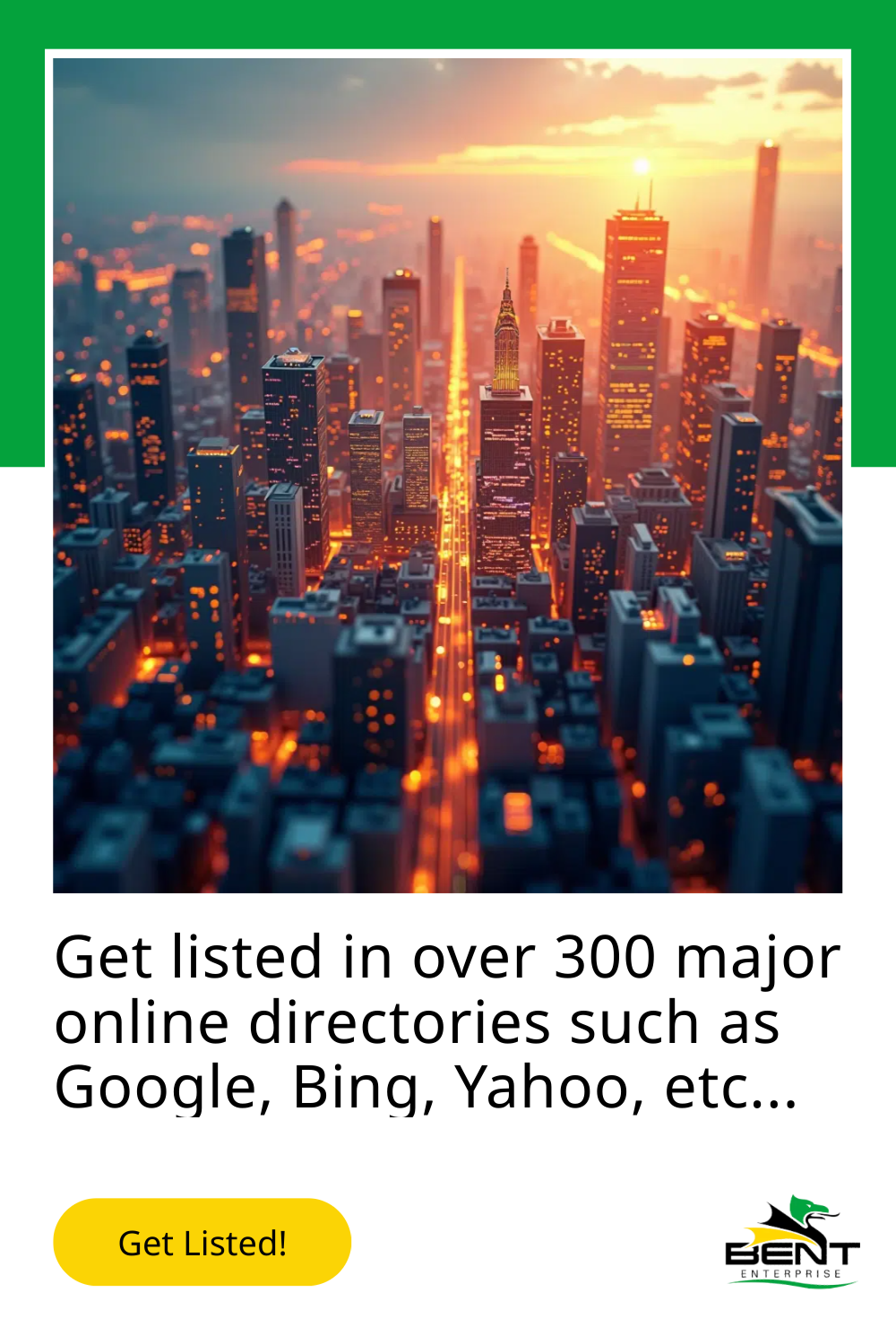 online-business-citations City skyline at sunset with directory listing offer.