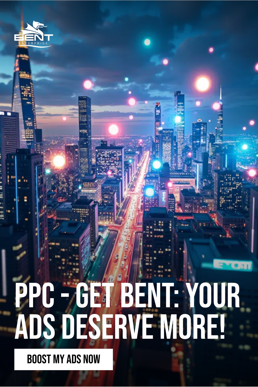 ppc-campaigns Skyscrapers with glowing lights, promoting digital ads.