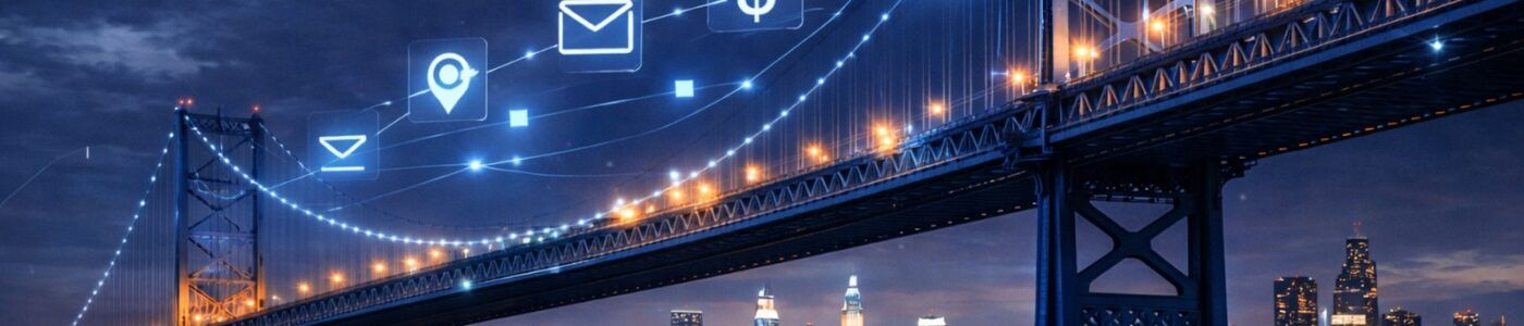 Bridge with digital icons over city skyline at night