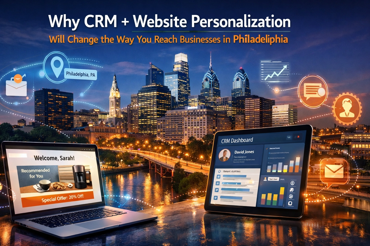 CRM and website personalization in Philadelphia skyline