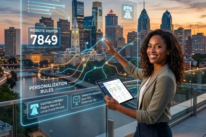 Businesswoman analyzing CRM data on digital screen