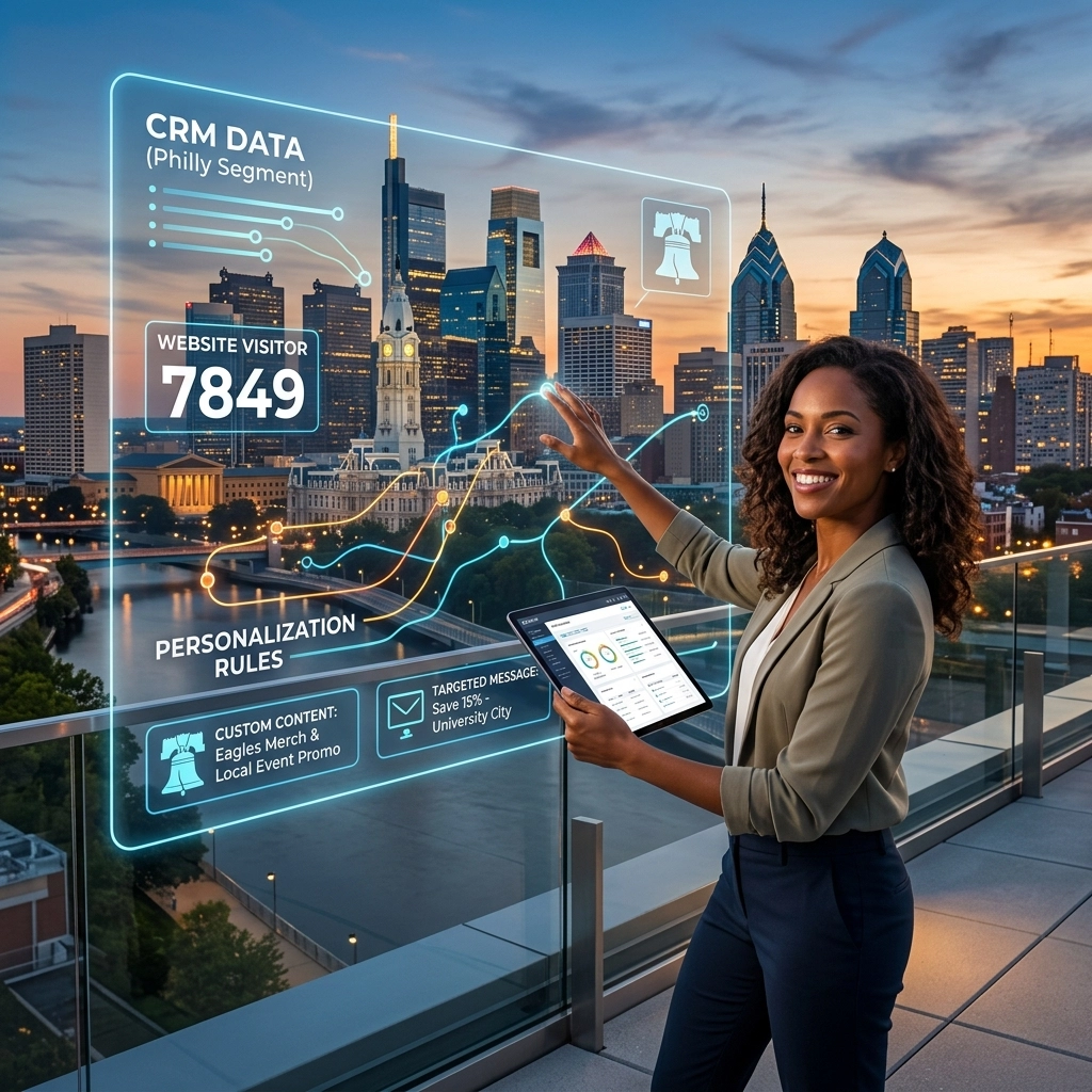 Businesswoman analyzing CRM data on digital screen