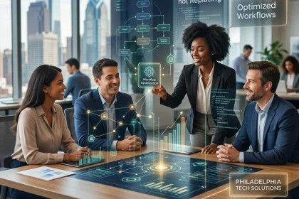 Business team discussing digital workflow optimization strategies
