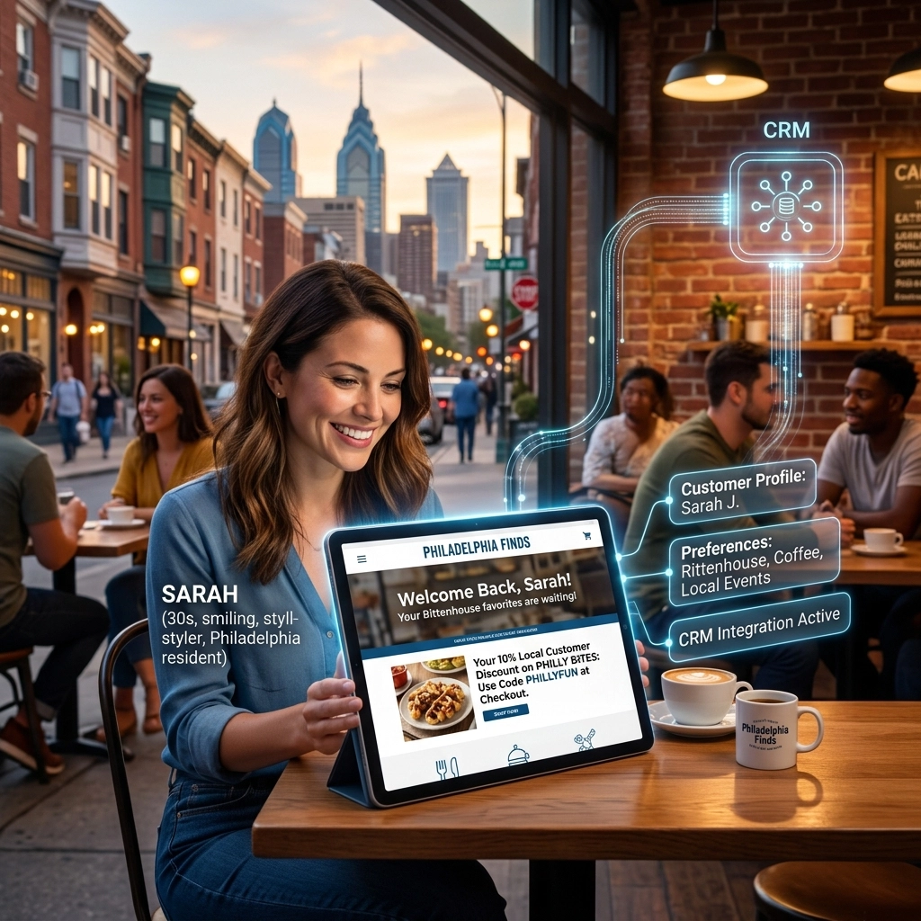 Woman using tablet with CRM integration in cafe