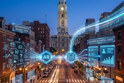 City street with digital data visualization at night