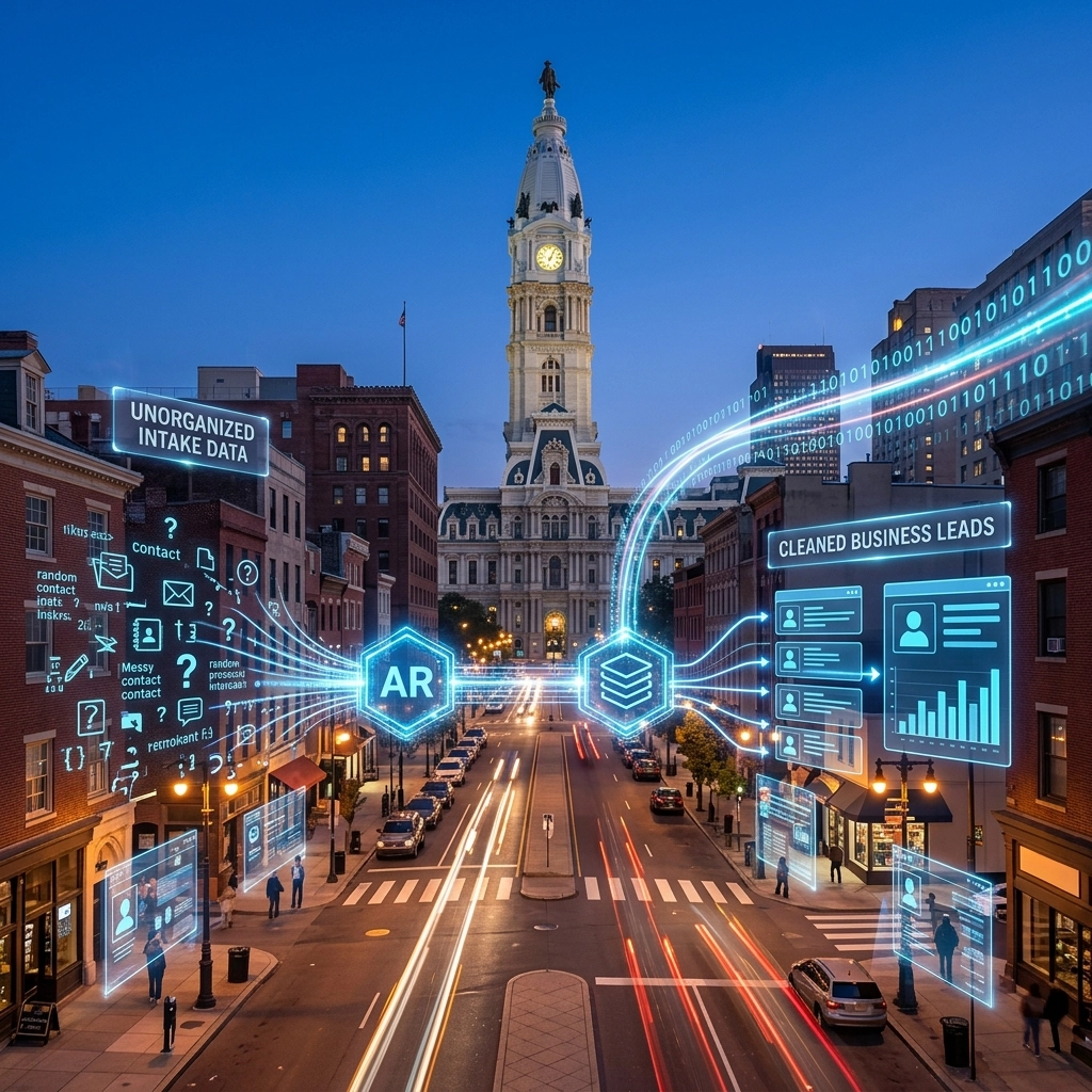 City street with digital data visualization at night