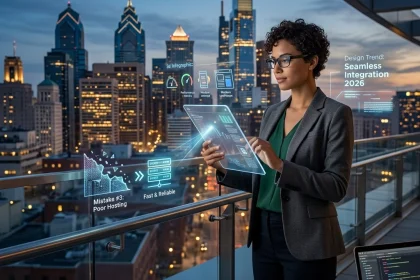 Businesswoman using futuristic tablet on city balcony