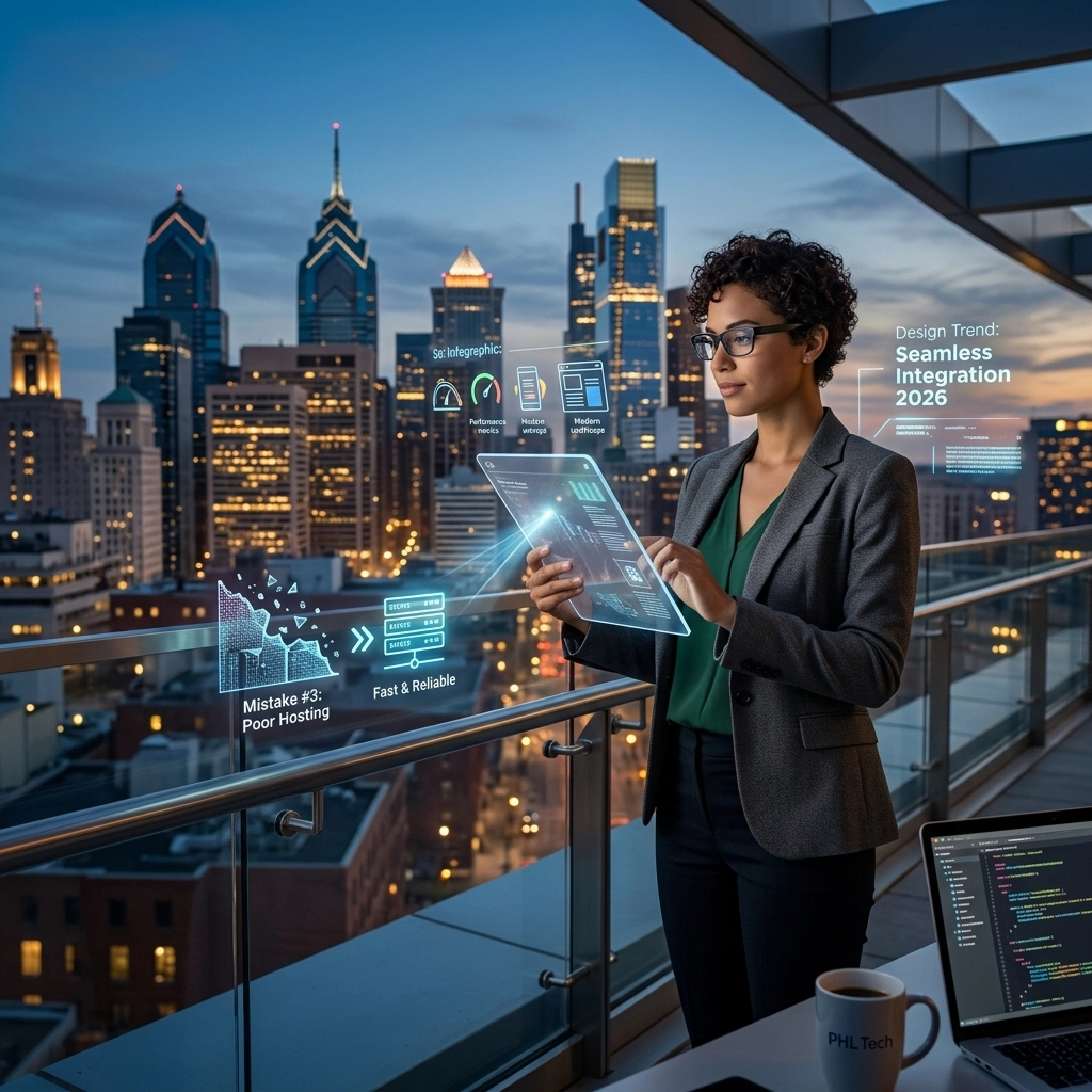 Businesswoman using futuristic tablet on city balcony