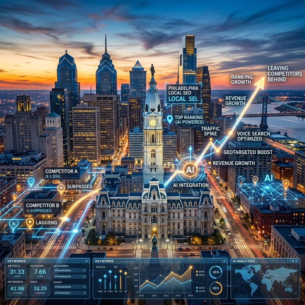 AI-driven SEO growth visualization in Philadelphia skyline