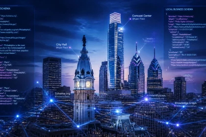 Philadelphia skyline with structured data visualization