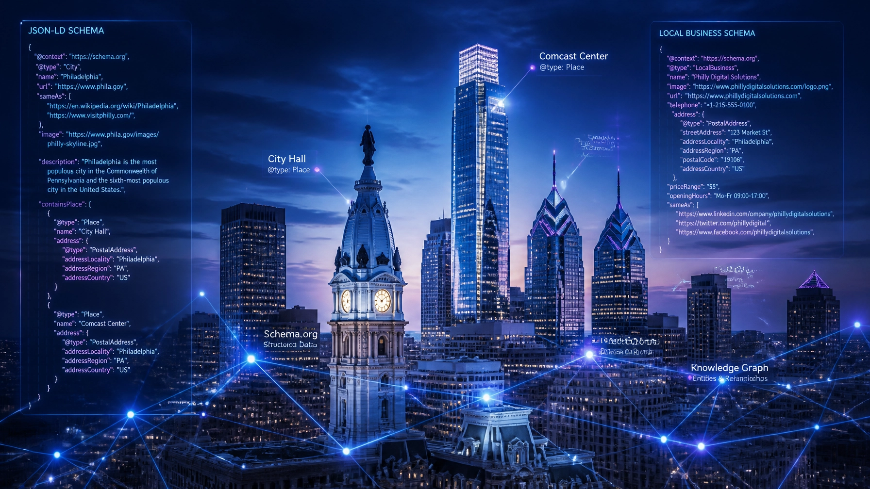 Philadelphia skyline with structured data visualization