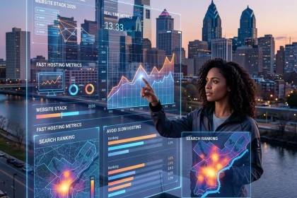 Woman analyzing futuristic SEO metrics in city skyline.