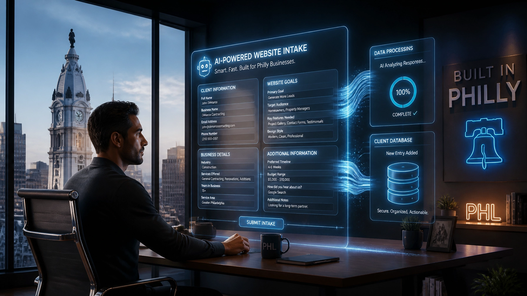Man using AI-powered business website tool in Philadelphia