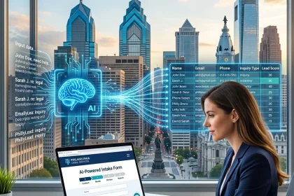 Businesswoman using AI legal data form in office