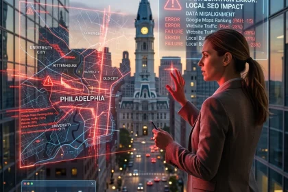 Businesswoman analyzing Philadelphia AI SEO data visualization