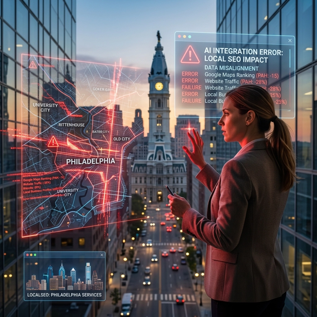 Businesswoman analyzing Philadelphia AI SEO data visualization