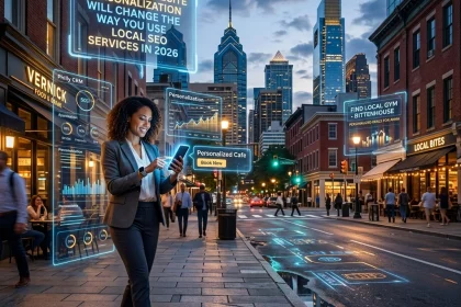 Businesswoman using smartphone for personalized city data visualization