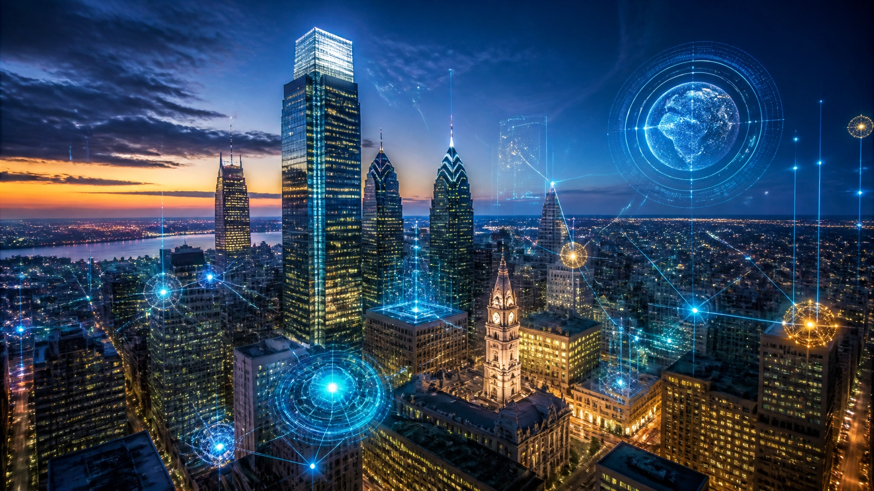Futuristic city skyline with digital network connections