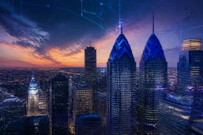 City skyline at sunset with illuminated skyscrapers