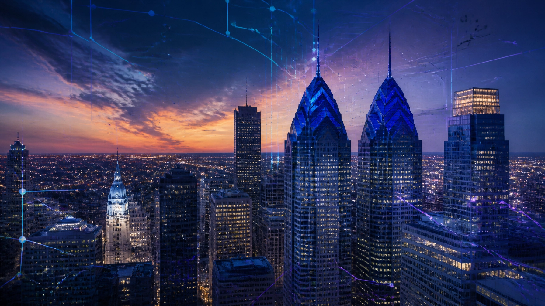 City skyline at sunset with illuminated skyscrapers