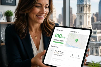 Woman showing tablet with perfect SEO score.