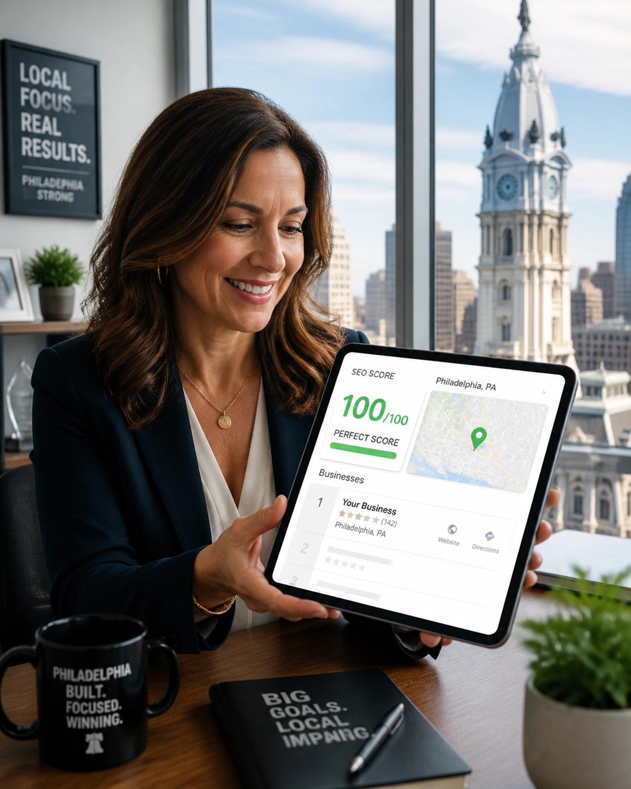 Woman showing tablet with perfect SEO score.
