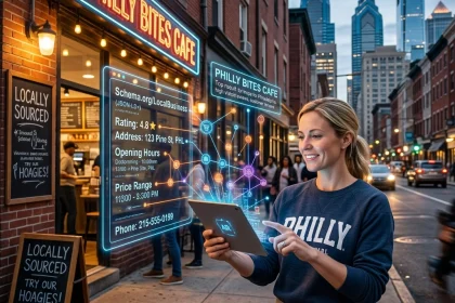 Woman using tablet outside Philly Bites Cafe