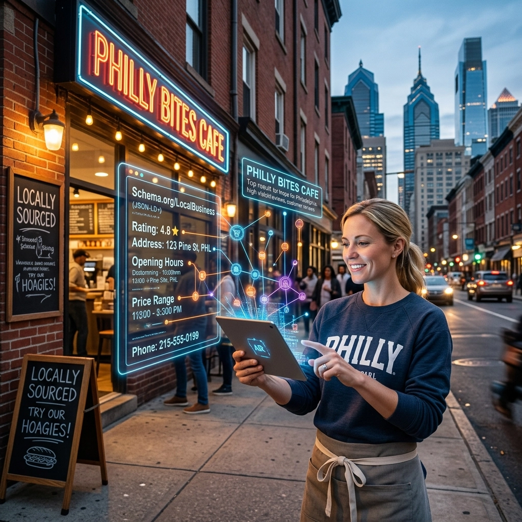 Woman using tablet outside Philly Bites Cafe