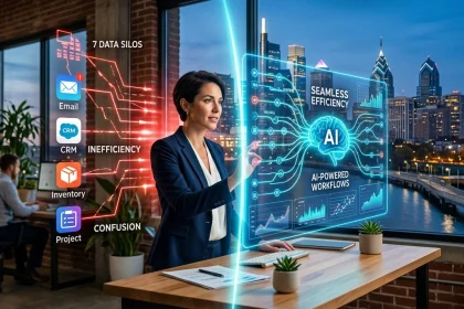 Businesswoman using AI integration for workflow efficiency