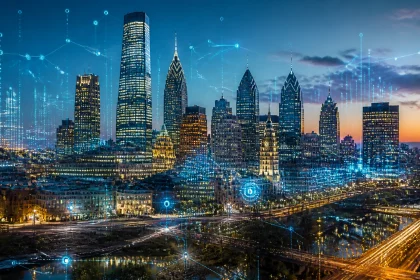Futuristic smart city skyline at sunset