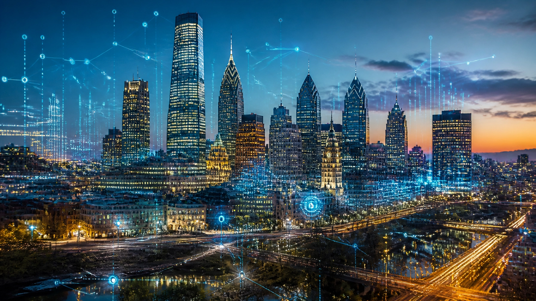 Futuristic smart city skyline at sunset
