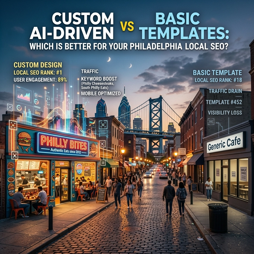 Custom AI-driven SEO versus basic templates in Philadelphia.