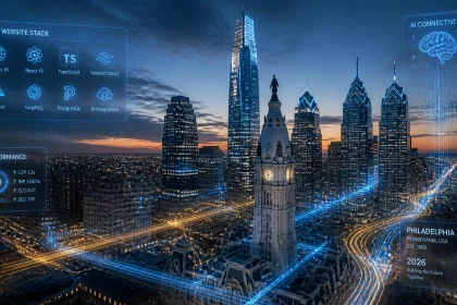 Philadelphia skyline with futuristic AI technology overlay