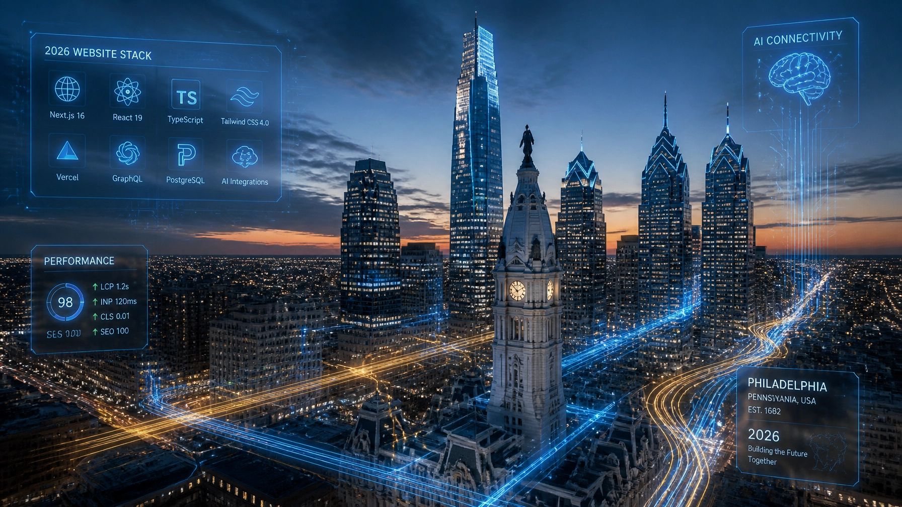 Philadelphia skyline with futuristic AI technology overlay