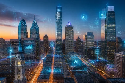 City skyline with AI technology overlay at sunset