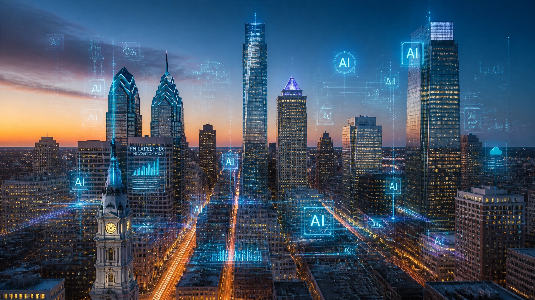 City skyline with AI technology overlay at sunset