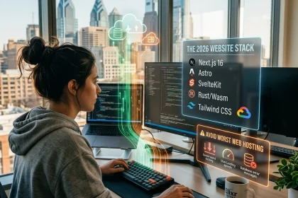 Developer coding modern website stack in office