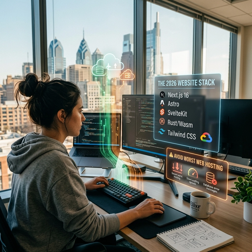 Developer coding modern website stack in office