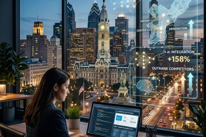 Businesswoman analyzing AI-powered SEO data in city office