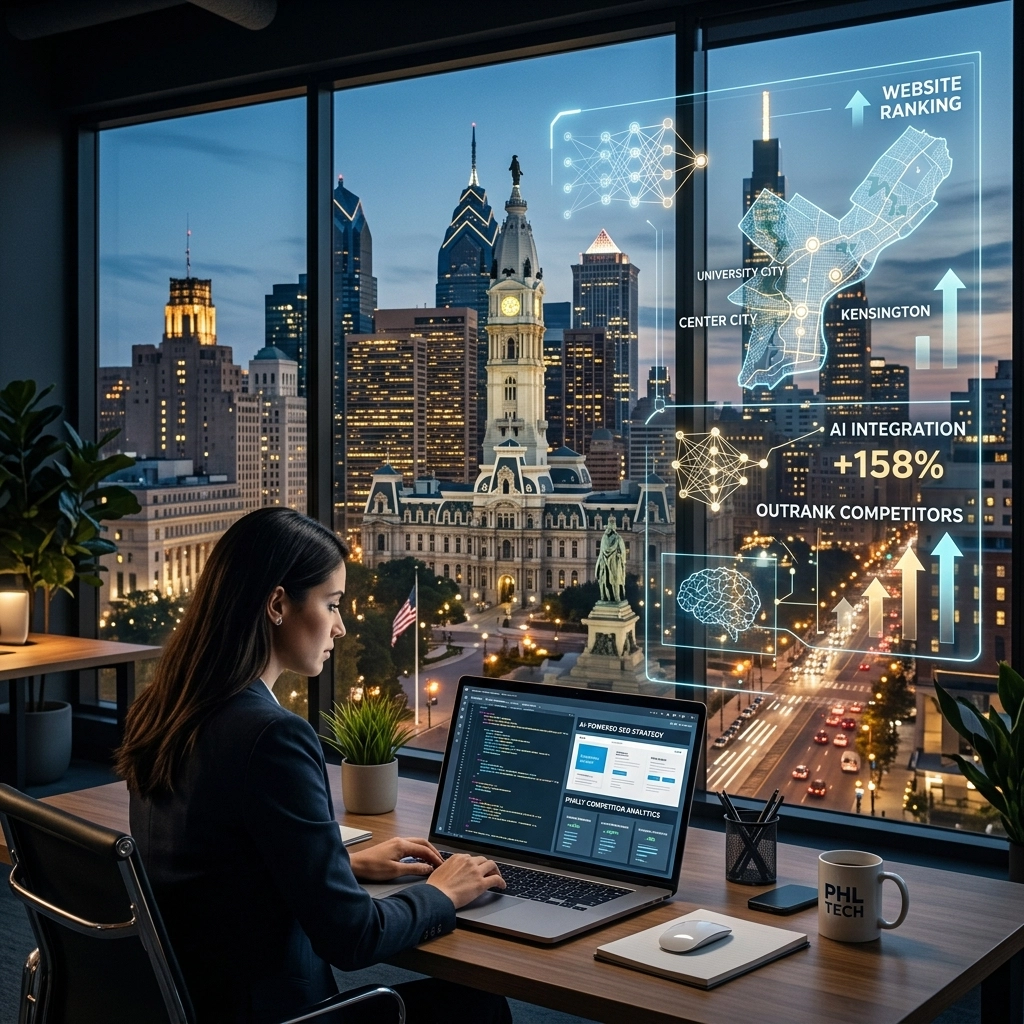 Businesswoman analyzing AI-powered SEO data in city office