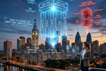 Woman comparing 2026 website stacks over city skyline