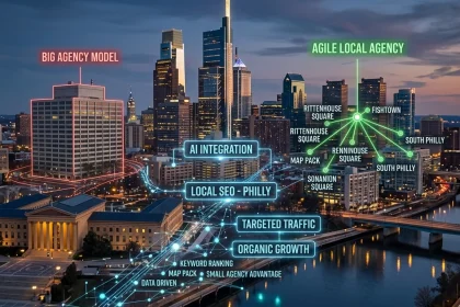 Philadelphia skyline with digital marketing network overlay