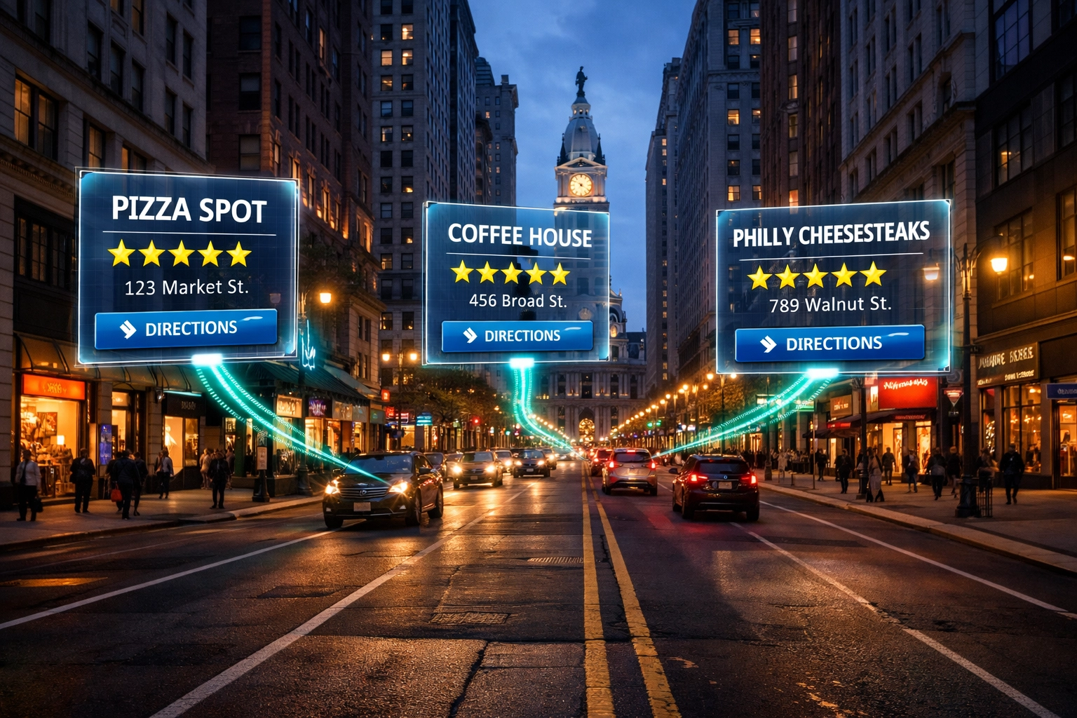 Digital map pack overlays on Broad Street highlighting Philadelphia local SEO for local businesses.