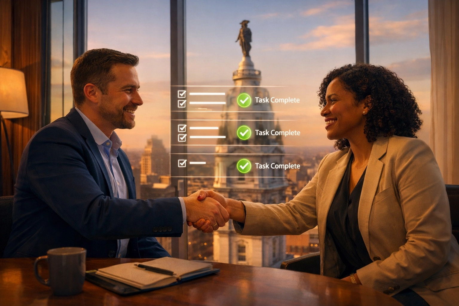 Philly business partners shaking hands after AI automation streamlines their client intake.