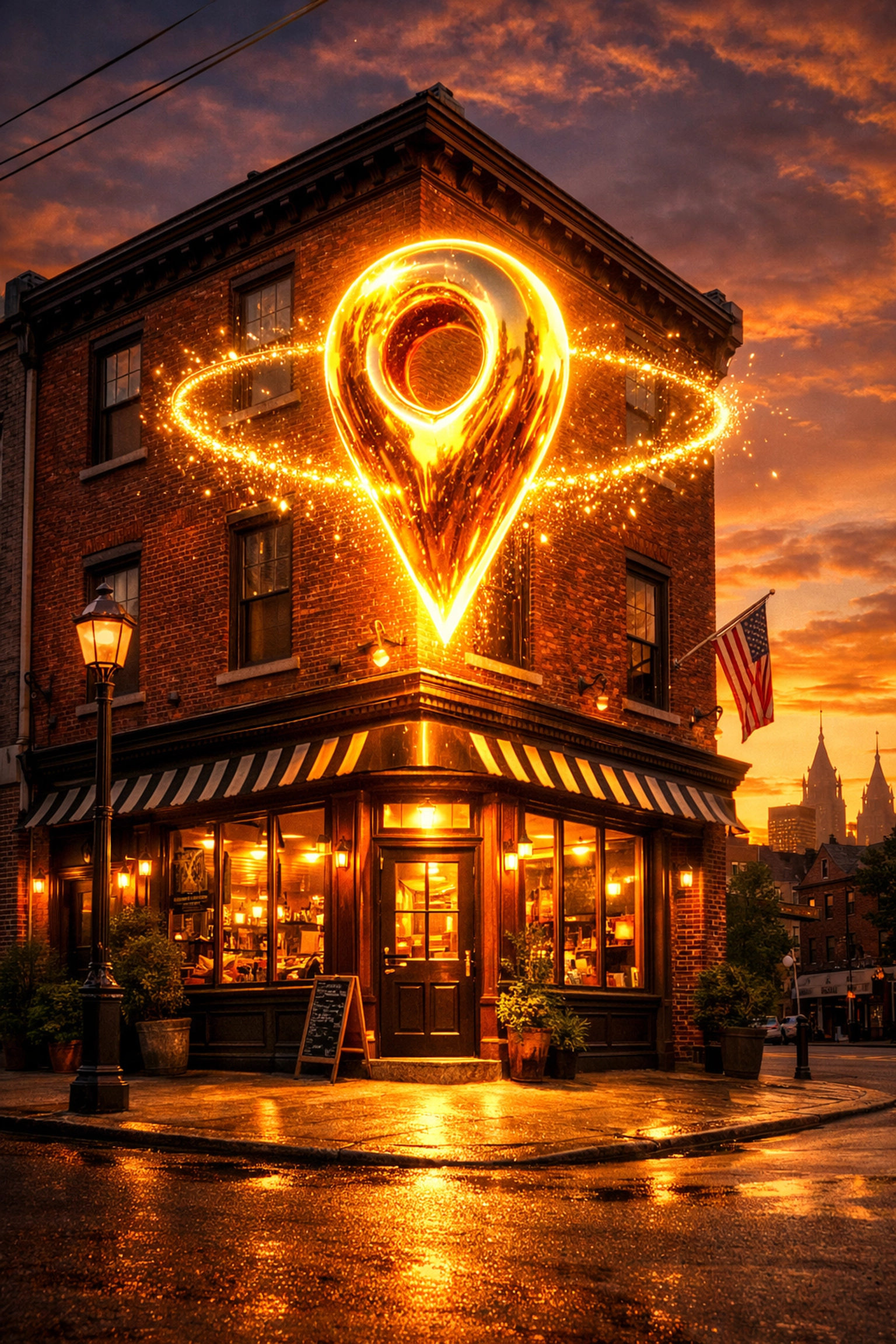 Golden map pin on a Philly storefront representing a business winning the map pack via local SEO services.