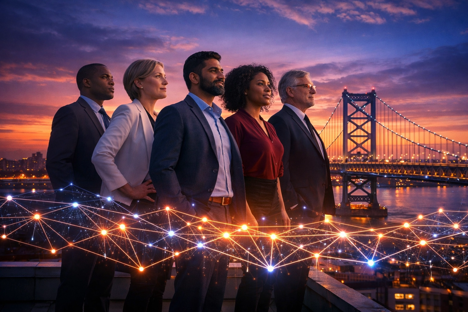 Philadelphia professionals looking at the Ben Franklin Bridge supported by an AI strategy network.