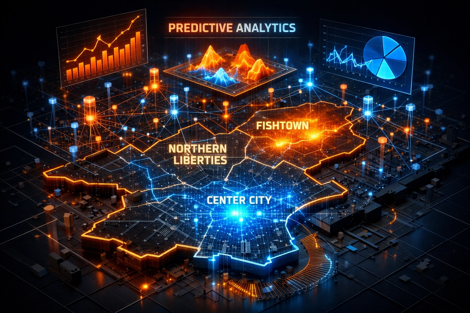 AI heat map illustrating local SEO services trends for various businesses in Philadelphia.