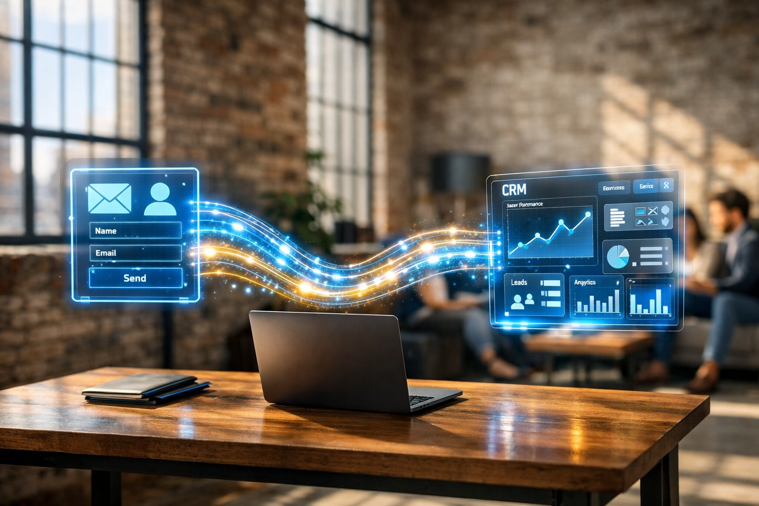 Automated lead intake data pipes moving into a CRM in a modern Philadelphia office setting.
